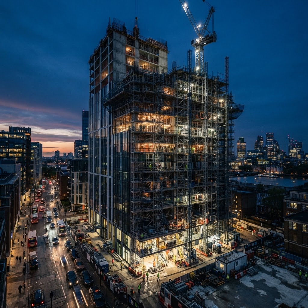Building under construction with scaffolding